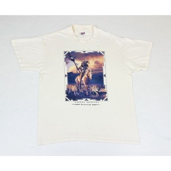 Vintage 90s Three Wolves Maxim T-Shirt Native American Large Single Stitch - Picture 2 of 9